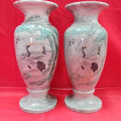 Polished Marble Vases W/ Traditional Chinese Crane Design