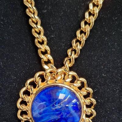 Kenneth Jay Lane's Faux Blue Lapis Brooch Pendant Necklace 
