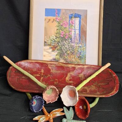 4 Ceramic Flowers, 2 Ceramic Dragonflies, And Print