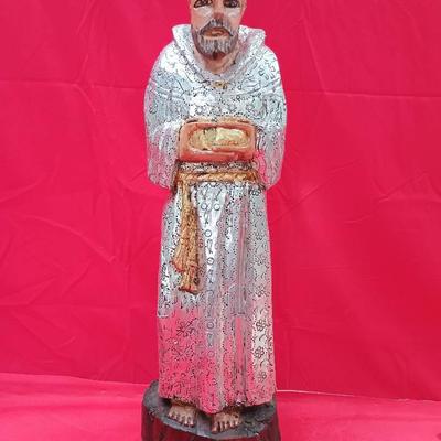 Handcrafted Wooden Sculpture Of Saint Francis In Silver Robes