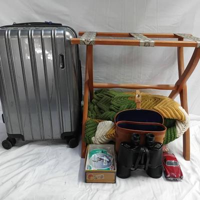 4-wheel Luggage Bag w/Luggage Stand, Crocheted Throw & More