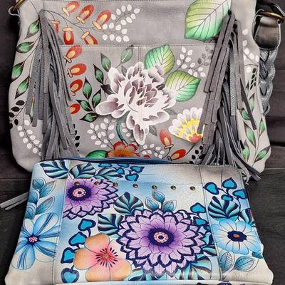 Handcrafted & Handpainted Anuschka Garden of Eden Purse & Anuschka Summer Bloom Blue Crossbody Bag 