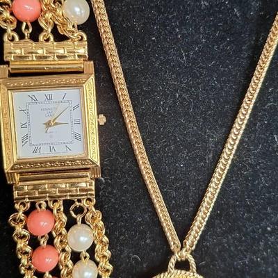 Vintage Kenneth Jay Lane's Chain Necklace With Reversible Pendant And Bracelet Watch