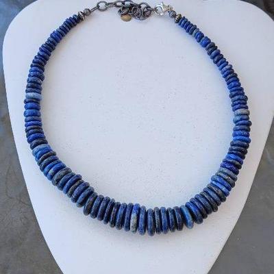 Sterling-Lapis Graduated Rondel Necklace