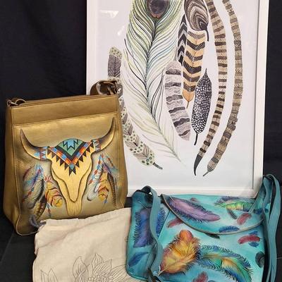 Anuschka Feather Skull Crossbody Bag, Feather Teal Crossbody Bag, And Feather Framed Print