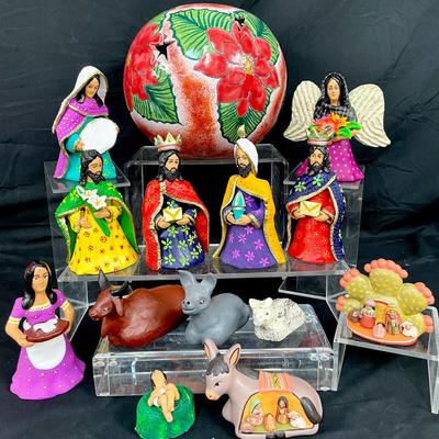Peruvian Clay Nativity Set & Hand-painted Poinsettia Lantern 