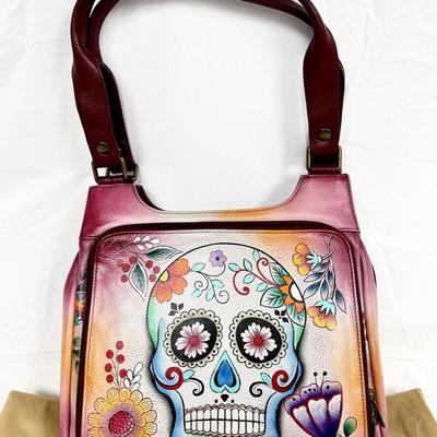Anuschka Sugar Skull Handpainted Leather Organizer Shoulder Purse 
