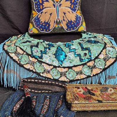 Vintage Beaded And Sequenced Shawl And 3 Beaded Purses