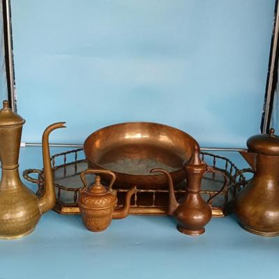 Hammered Brass Tea Pots, Bowl, And A Tray