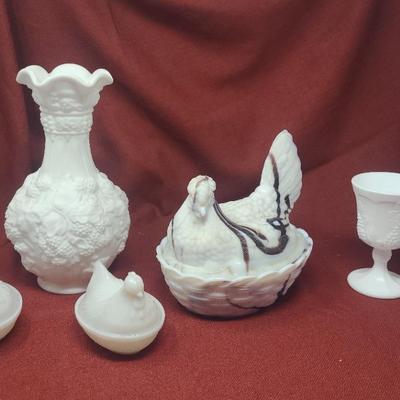 Milk Glass White Chocolate Swirl Chicken Hen Lidded Bowl and More