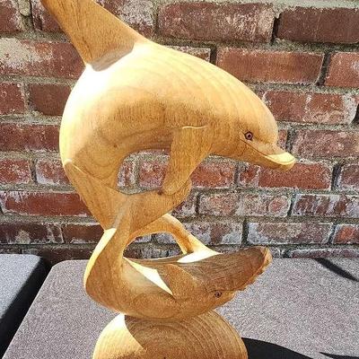 HAND-CRAVED WOODEN DOLPHIN AND WHALE SCULPTURE