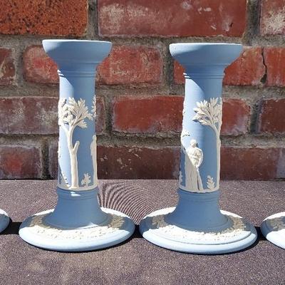 FOUR WEDGWOOD JASPERWARE CANDLESTICKS