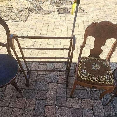 CHARMING SIDE CHAIRS, "MUFFIN STAND" TABLE, AND WOODEN QUILT HOLDER