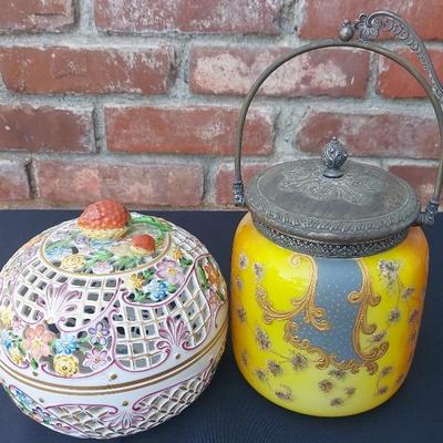 GLASS BISCUIT BOX AND PORCELAIN BOWL