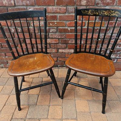 PAIR OF HICKOK STYLE STENCIL DECORATED SPINDLE BACK MAPLE SIDE CHAIRS