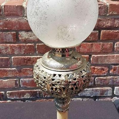 AMERICAN HIGH VICTORIA SILVER PLATE MARBLE AND CAMPHOR GLASS OIL LAMP FROM THE CIVIL WAR ERA