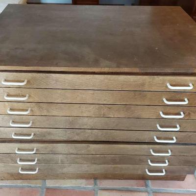 ANTIQUE DOUBLE STACK WOODEN FLAT FILE CABINET FOR ART/DRAFTS