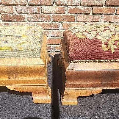 AMERICAN EMPIRE STYLE MAHOGANY AND NEEDLE POINT FOOT STOOLS