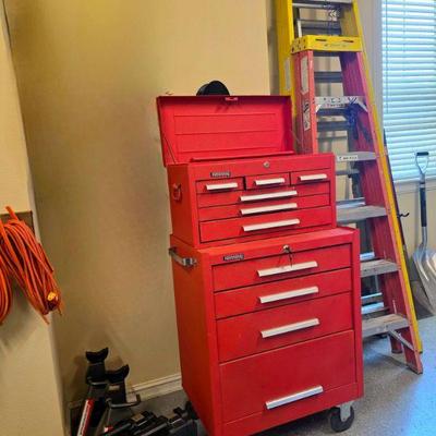 Vintage Kennedy tool cabinet and ladders. 