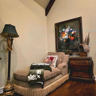 Custom Chaise, taxidermy pheasant, large wall art, beautiful floor lamp. 