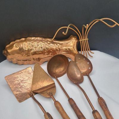 Rustic Farmhouse Copper Utensils, Hook & Fish Mold