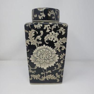 Squared Ceramic Floral/Leaf Pattern Urn