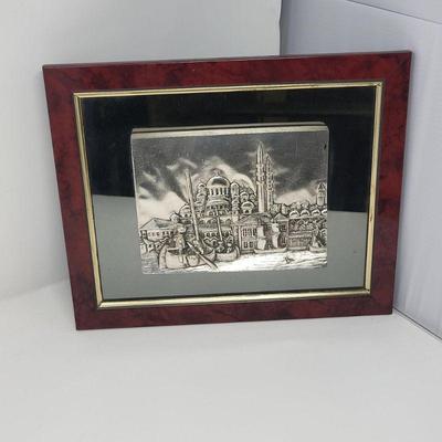 Silver Painted Wood Relief Art with Mirrored Frame
