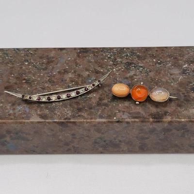 Antique Sterling Pins - Crescent Bar & Agate Stones