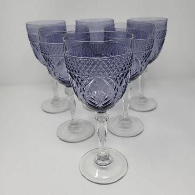 Six Amethyst & Clear Cut Glass Stemware 8-Inch