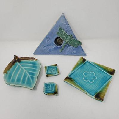 Vintage Japanese Ikebana Flower Frog Dragonfly & Sushi Plates