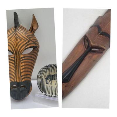 Decorative Hand Carved Wood Masks & Soapstone Zebra Dish