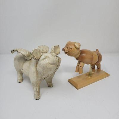Cast Iron Pig With Wings Bank & Posable Wood Pig