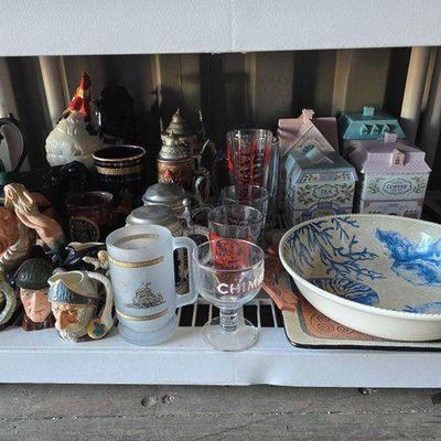 #10034 • Royal Doulton Toby Jugs, Steins, Glass Cups, Cookie Jar, Lenox Village Canisters
