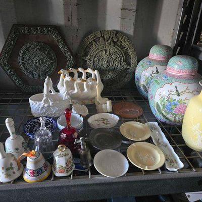 #15046 • (2) Aztec Sun Stone Calendars, Ash Trays, Bells, Vases
