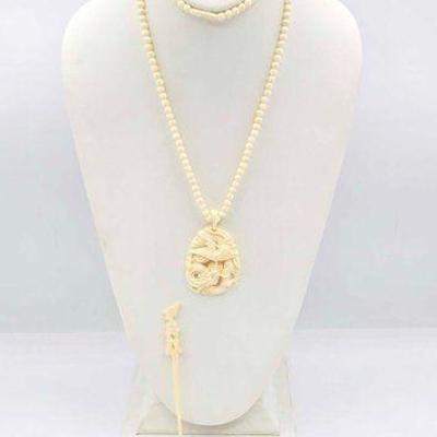 #1007 • Carved Bone Necklace, Pendant, Hair Pin & Earrings, 30.30g
