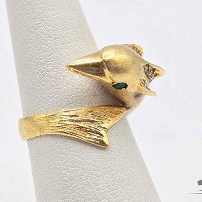 #623 • 18k Gold Dolphin Ring W/ Emeralds & Diamonds, 8.82g
