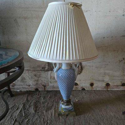 #9010 • Frederick Cooper Blue Fish Scale Pattern Porcelain Lamp with Swan Handles
