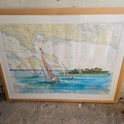 #9516 • Framed Kerry Hallam "Straits of Mackinac" Acrylic Painting on Nautical Chart
