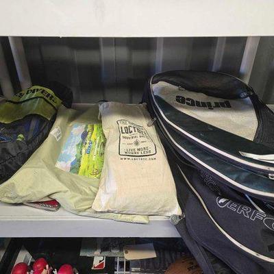 #10050 • Tennis Rackets, Snorkeling Gear, Loctote Industrial Bag, Narmay Outdoor Adventure Dome Tent
