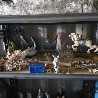 #15058 • Sea Shells, Coral, Glass Paperweights, Porcelain Carousel Horses, Music Box, Glass Candies
