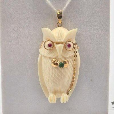 #803 • 10k Carved Bone Owl W/ Ruby & Emerald Pendant, 8.25g
