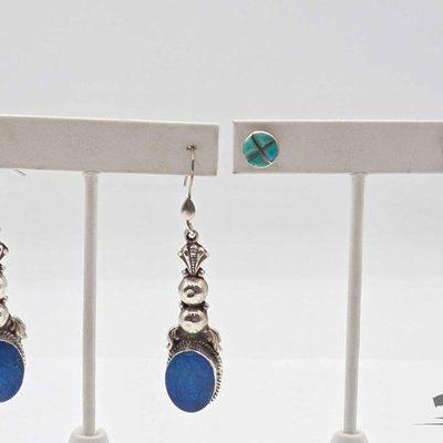 #923 • (2) .925 Sterling Silver Earrings Turquoise & Semi-Precious Stones, 13.16g
