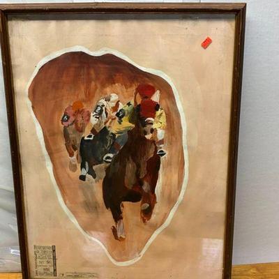 Aaa5068 horse racing oil on paper painting with tickets local pickup