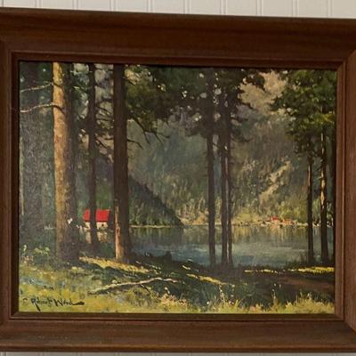 Pine grove lake 235 framed lithograph on wood by robert wood aaa2253