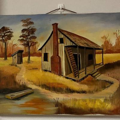 Acrylic Rustic Cabin with Outhouse Signed by Hess AAA1003 $20