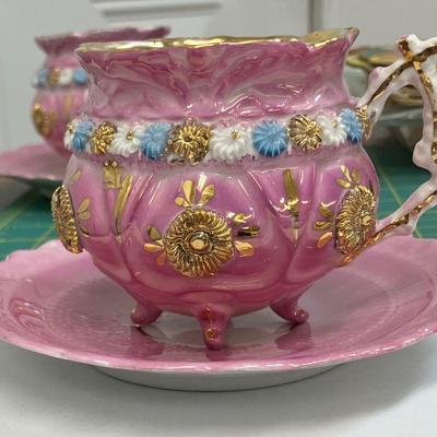 Antique German Hand Painted Pink and 22k Gold Footed Cup & Saucer Set AAA2362 1
