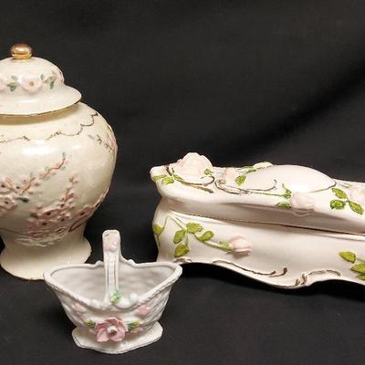 PRETTY PINK FLOWERED PORCELAIN PIECES 