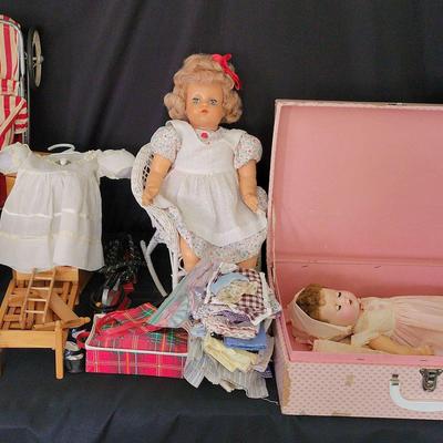 THREE VINTAGE DOLLS WITH FURNITURE, CLOTHES, AND ACCESSORIES