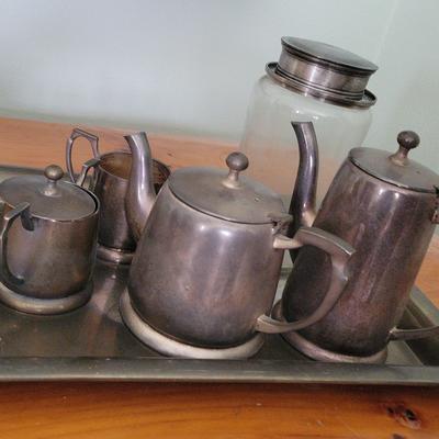 PEWTER MID CENTURY  COFFEE/TEA SET WITH JAR AND TRAY 