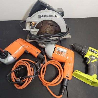 THREE DRILLS AND A CIRCULAR SAW-BLACK & DECKER, RYOBI, AND MORE 